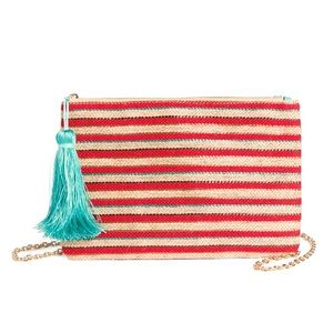 NWOT Red/Tan Striped Tassel Clutch
